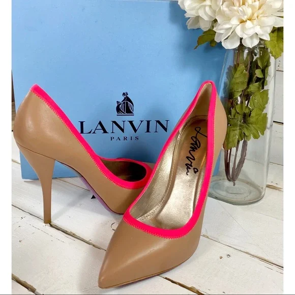 Lanvin Leather Pointed Toe Heels with Hot Pink Trim - Picture 4 of 12